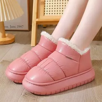 Парные хлопковые тапочки для женщин, зимняя сумка на толстой подошве и водонепроницаемые тапочки из искусственной кожи для мужчин, зимняя бархатная теплая и морозостойкая хлопковая обувь 36 розовый