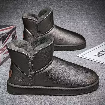 Парные кожаные зимние ботинки, зимние, сохраняющие тепло, ботильоны, модные, универсальные, нескользящие, толстые, плюшевые ботинки для мужчин, хлопковая обувь, без застежек 36 чёрный