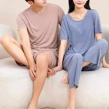 Парные модели, двухкомпонентные весенне-летние пижамы из ледяного шелка, удобные, без следов, свободная домашняя одежда с короткими рукавами L