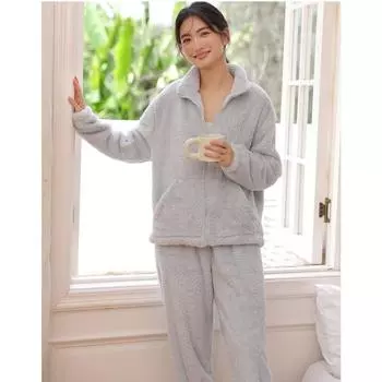 Парные модели осенне-зимней домашней одежды, кардиган на молнии можно носить поверх пижамы, теплая домашняя одежда с двусторонней подкладкой. M белый