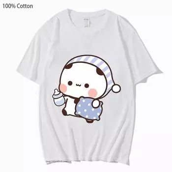 Парные рубашки Kawaii Cute BuBu Panda Going To Sleep with DuDu Bear Graphic Tshirt 100% Cotton Men Women Clothing Long Sleeve Tshirts S чёрный