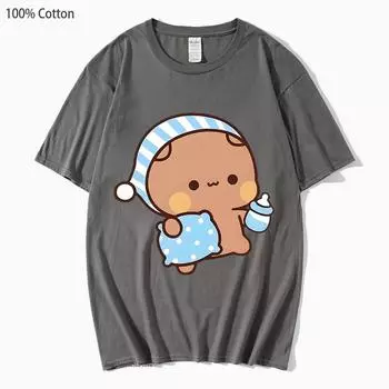 Парные рубашки Kawaii Cute BuBu Panda Going To Sleep with DuDu Bear Graphic Tshirt 100% Cotton Men Women Clothing Long Sleeve Tshirts S чёрный