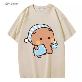 Парные рубашки Kawaii Cute BuBu Panda Going To Sleep with DuDu Bear Graphic Tshirt 100% Cotton Men Women Clothing Long Sleeve Tshirts S чёрный