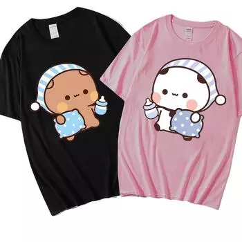 Парные рубашки Kawaii Cute BuBu Panda Going To Sleep with DuDu Bear Graphic Tshirt 100% Cotton Men Women Clothing Long Sleeve Tshirts S чёрный