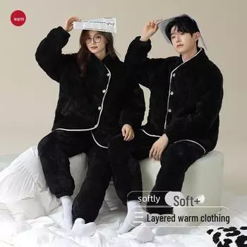 «Парные стеганые зимние пижамы»: Плотный, теплый хлопок с нестандартным китайским воротником для мужчин и женщин. M