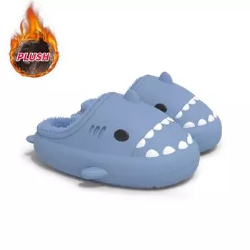 Парные тапочки из хлопка Shark, теплые меховые тапочки с мягкой подошвой Eva, водонепроницаемые мужские тапочки из хлопка для родителей и детей 140 чёрный