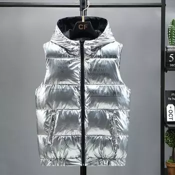 Парный хлопковый жилет Мужской осенне-зимний трендовый жилет куртка Утепленный большого размера Утолщенный терможилет Жилет из хлопка с пухом S серебряный