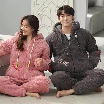 Парный пижамный комплект для мужчин и женщин, пижама с капюшоном для мужчин и женщин, 3 слоя, домашний костюм из хлопка на застежке M