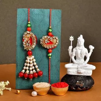 Парный Рахи с Идолом Шивы - Рахи для Брата и Бхабхи с Подарком - Подарочный Набор Комбо Рахи для Бхайи и Бхабхи - Парный Рахи с Идолом Шивы