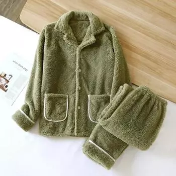 Парный зимний фланелевый пижамный комплект для мужчин и женщин, коралловый плюш, плотный однотонный, брюки с длинным рукавом, домашний костюм, комплект из двух предметов M