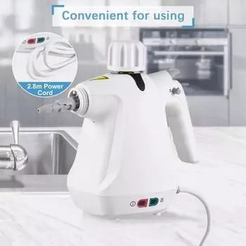 Пароочиститель с резервуаром для воды 1000 Вт, высокая мощность, не требующая химикатов, Plug Play, насадка 360 градусов, ручной пароочиститель для мягкой мебели EU белый