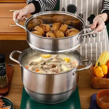 Пароварка из нержавеющей стали для приготовления супов на пару Посуда для приготовления на пару 3-х шинные пароварки Кастрюли для загущения пищи Паровая кастрюля с крышкой светло-серый