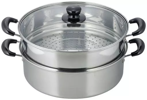 Пароварка Wahei Freiz Vense 30 см со стеклянной крышкой, совместимая с IH, нержавеющая сталь, серебристая, двухъярусная VR-8183