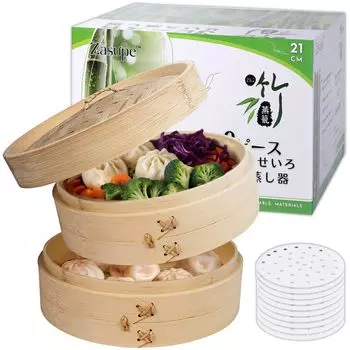 Пароварка Zasupe 2 Natural 30 листов бамбука, японская инструкция, паровая пароварка для овощей на пару, 21 см, ярусы, 100% бамбук, бумага,