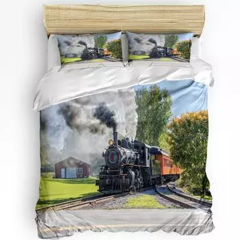 Паровоз дым пейзаж ретро комплект постельного белья из 3 предметов для спальни двуспальная кровать домашний текстиль пододеяльник стеганое одеяло чехол наволочка EU single(135x200cm)