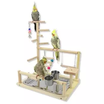 Parrot Playstand Bird Toys Bird Plays Stand Cockatiel Playground Wooden Perch Gym Playground Ladder with Metal Feeder Plate Toy