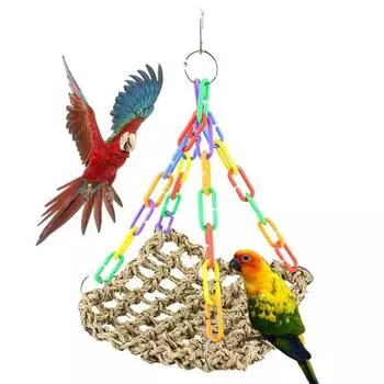 Parrot Swing Toys Parrots Cage Hanging Foraging Chew Bird Toy Seagrass Mat Colorful Parts for Exercise Birds Cage Accessories