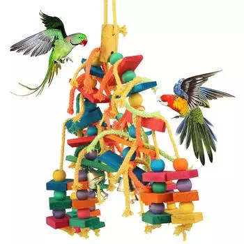 Parrot Toys Hanging Bird Chew Bite Wooden Blocks Climb Bite Cage Bird Toy Training Resistant Colorful Cockatiel Pet Product