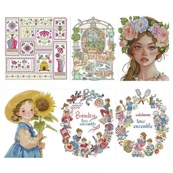 Частичная вышивка Эко-хлопковая нить 14CT Напечатанная Девочка Набор для вышивки крестом # RA675