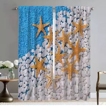 Разделение Пляж Пейзаж Ракушки Морская звезда Противомоскитные шторы для гостиной Оконная штора для комнаты 2 Панельные жалюзи Кухня W50xH70cmx2pcs-CL