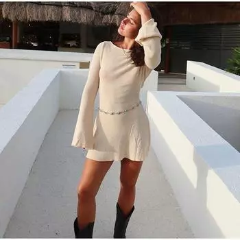 Вечеринка трикотажное женское платье на шнуровке сексуальное с открытой спиной с длинным рукавом и круглым вырезом женские платья ранняя осень однотонное элегантное женское платье S белый