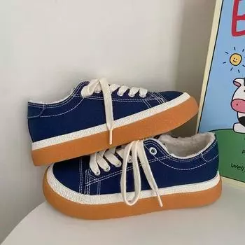 Парусиновая обувь на толстой подошве и бархатные студенческие осенне-зимние женские кроссовки с круглым носком в стиле ретро, теплая женская обувь 35