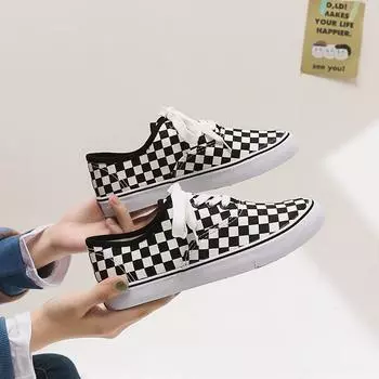 Парусиновые туфли школьницы Harajuku Ulzzang черно-белая клетчатая ретро-туфли в стиле Гонконга на плоской подошве Tide 35 белый