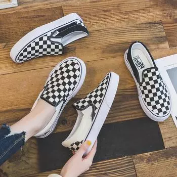 Парусиновые туфли женские черно-белые клетчатые туфли на низкой мягкой подошве обувь знаменитостей из Интернета 35 чёрный