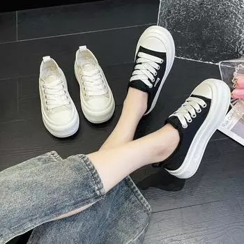 Парусиновые туфли женские летние маленькие белые кроссовки на толстой подошве дышащие высокие туфли-попсы 35 чёрный