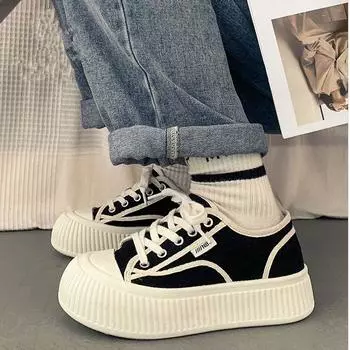 Парусиновые туфли женские на толстой подошве маленькие новые универсальные студенческие туфли с большой головой Ins модные мягкие белые туфли для женщин 35 чёрный