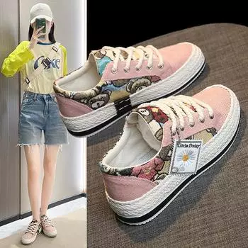 парусиновые туфли женские новые летние дышащие льняные туфли модные универсальные туфли на платформе с увеличенным голенищем модные туфли для пар 35