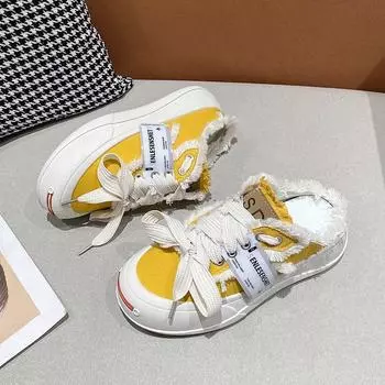 Парусиновые туфли женские универсальные низкие одинарные туфли жареные уличные туфли на шнуровке толстые белые туфли женские 35