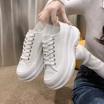Парусиновые туфли женские весна-осень 2024 года новые высокие маленькие белые туфли кексовая платформа повседневные туфли для папы дышащие одинарные туфли 35 чёрный