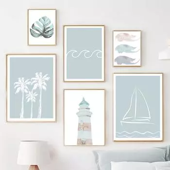 Парусная лодка Доска для серфинга Монстера Пальма Маяк Плакаты и принты Картина на холсте Настенные художественные картины Гостиная Домашний декор 21X30cm No Frame