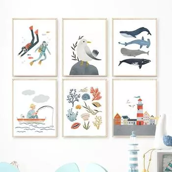 Парусник Маяк Кит Чайка Раковина Дайвер Настенная живопись на холсте Плакаты на скандинавскую тему и принты настенные панно Декор детской комнаты A4 21X30cm No Framed