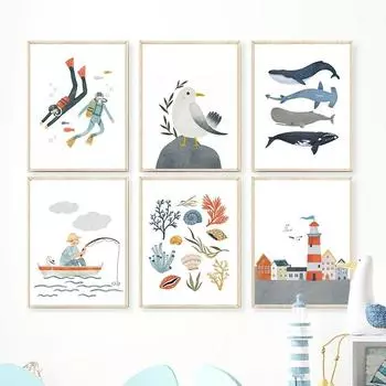Парусник Маяк Кит Чайка Раковина Дайвер Настенная живопись на холсте Плакаты на скандинавскую тему и принты настенные панно Декор детской комнаты 21cm30cm NoFrame