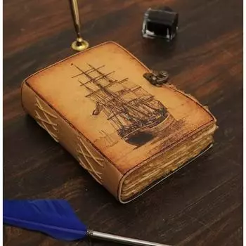 Парусный корабль ручной работы винтажный кожаный журнал пустой заклинание гримуар книга теней 7 x 5 in коричневый