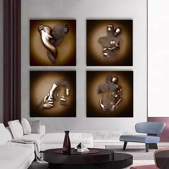 Пары целуются бронзовый холст плакат и принты 3d эффект холст картины абстрактные настенные художественные картины для домашнего декора комнаты подарок 20X20 cm No Frame