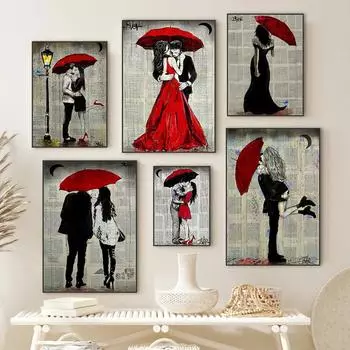 Пары под уличными фонарями целуются под дождем. Картина маслом. Плакаты и принты. Настенное искусство на холсте для гостиной. Украшение дома. 21x30cm No Framed