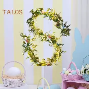 Пасхальная гирлянда со светодиодными лампами 74,8-дюймовый венок из пасхальных яиц с подсветкой, искусственная гирлянда из зелени с крашеными яйцами для украшения каминной полки входной двери зелёный