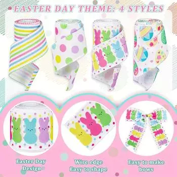 Пасхальная лента 2,5 дюйма 5 ярдов Яйцо Кролик Ремесло Лента Цветной Горошек Полосатая Весенняя Тканевая Оберточная Лента Для Подарочной Корзины Бант Венок Домашний Декор One Size