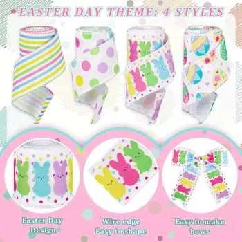 Пасхальная проволочная лента из мешковины, твил/фасоль/яйца/кролик для поделок ручной работы, венков и упаковки подарков, декора корзин, изготовления бантов, декора на Пасху, 4 рулона разноцветный