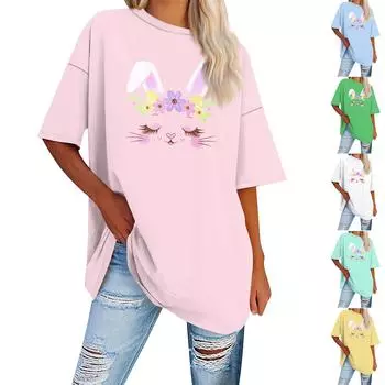 Пасхальная рубашка для женщин, однотонная футболка с короткими рукавами и яйцами Банни