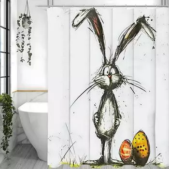 Пасхальная шторка для душа Кролик Пасхальный Желтые Яйца Небрежный Рисунок Ручкой Весенний Праздник Кролик Декор для Ванной Полиэстер Шторка для Душа 90*180cm