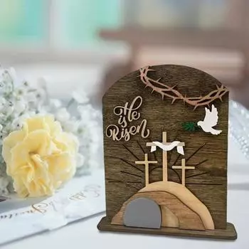 Пасхальное деревянное украшение Он воскрес, украшение сцены воскресения, пустая гробница и крест, религиозное украшение для домашнего офиса, пасхальный декор стола