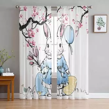 Пасхальное персиковое дерево, кролик, яйца, тюлевые шторы для гостиной, прозрачные занавески для спальни, кухни, жалюзи, вуаль, шторы 135W x 114H(cm)