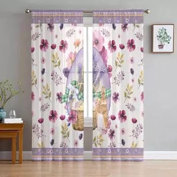 Пасхальное яйцо кролик цветочные акварельные фиолетовые тюлевые шторы для гостиной прозрачные занавески для спальни кухонные жалюзи вуали шторы 135W x 114H(cm)