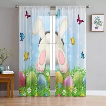 Пасхальное яйцо, кролик, цветок, бабочка, прозрачные шторы для гостиной, кухни, оконные шторы, тюлевые занавески для спальни, вуаль 135W x 114H(cm)