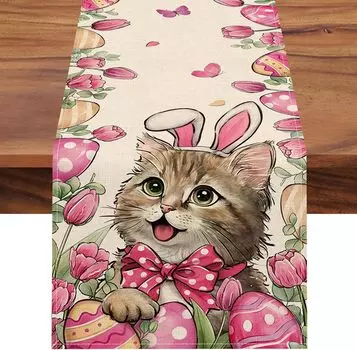 Пасхальное яйцо с ушками кролика, льняная дорожка для стола, праздничный декор для вечеринки, весенний цветок тюльпана, листья эвкалипта, дорожки для стола, декор стола 150x33cm 59x13inch