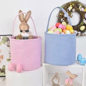 Пасхальное ведерко в клетку для детей, сумка для хранения в детской, подарочная корзина для новорожденных с ручкой для вечеринок по поиску пасхальных яиц зелёный